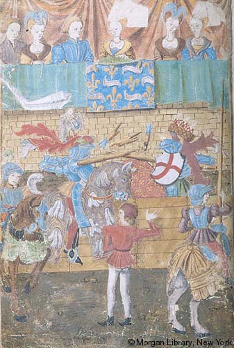 Folio 002v of MS M.775 Ordonances of Chivalry showing Sir John Astley jousting c1450