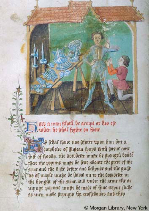 Folio 122v of MS M.775 Ordonances of Chivalry showing how a man shall be armed c1450